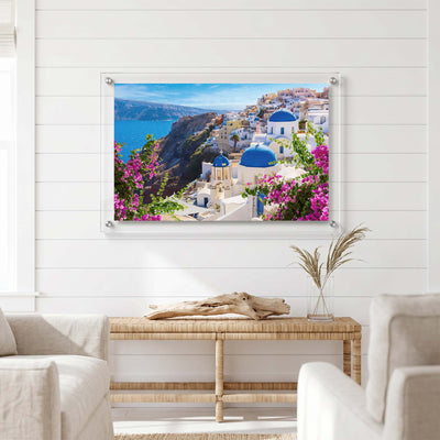 Scenic Santorini wall art displayed in a bright living room