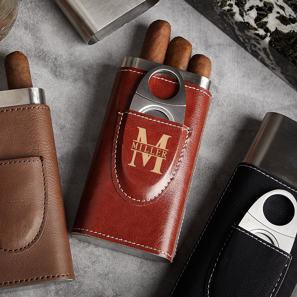 Custom Cigar Case with Cutter - Red Vegan Leather