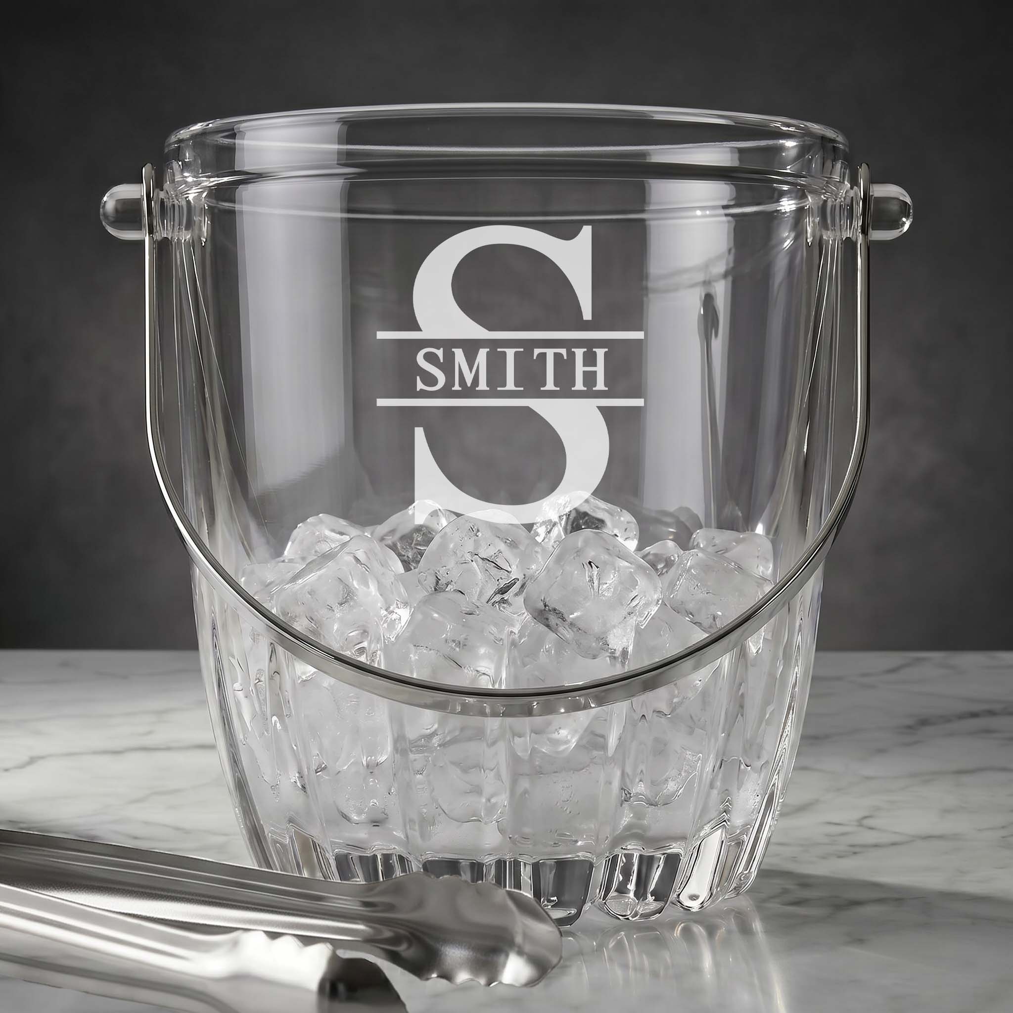 Personalized mini glass ice bucket filled with ice cubes