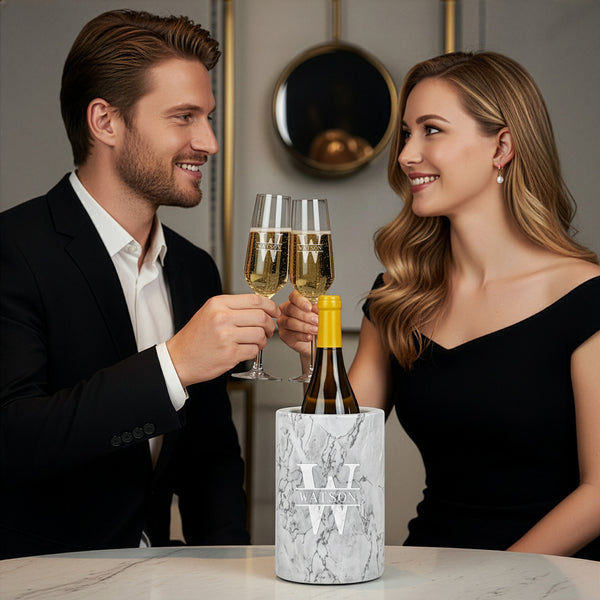 Stolzle Personalized Champagne Flutes with White Marble Champagne Bottle Chiller