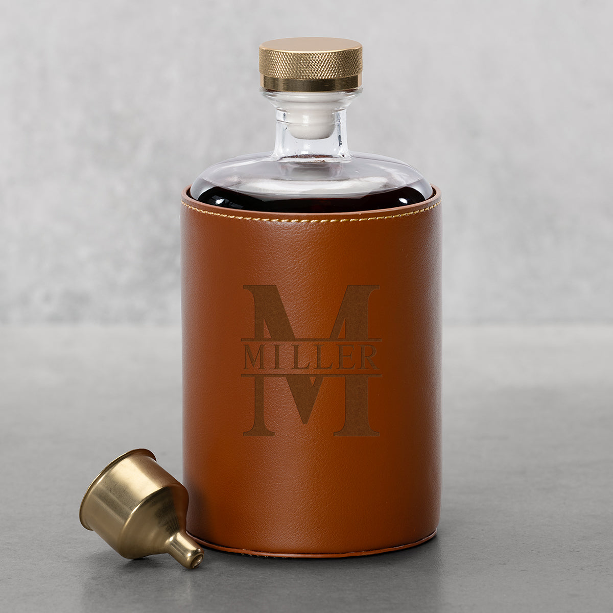 Personalized Leather-wrapped Whiskey Decanter with gold cap and funnel