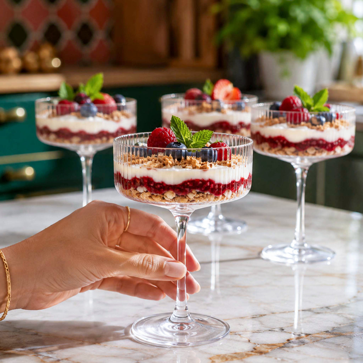 fitzroy coupe dessert glasses with layered berry parfaits