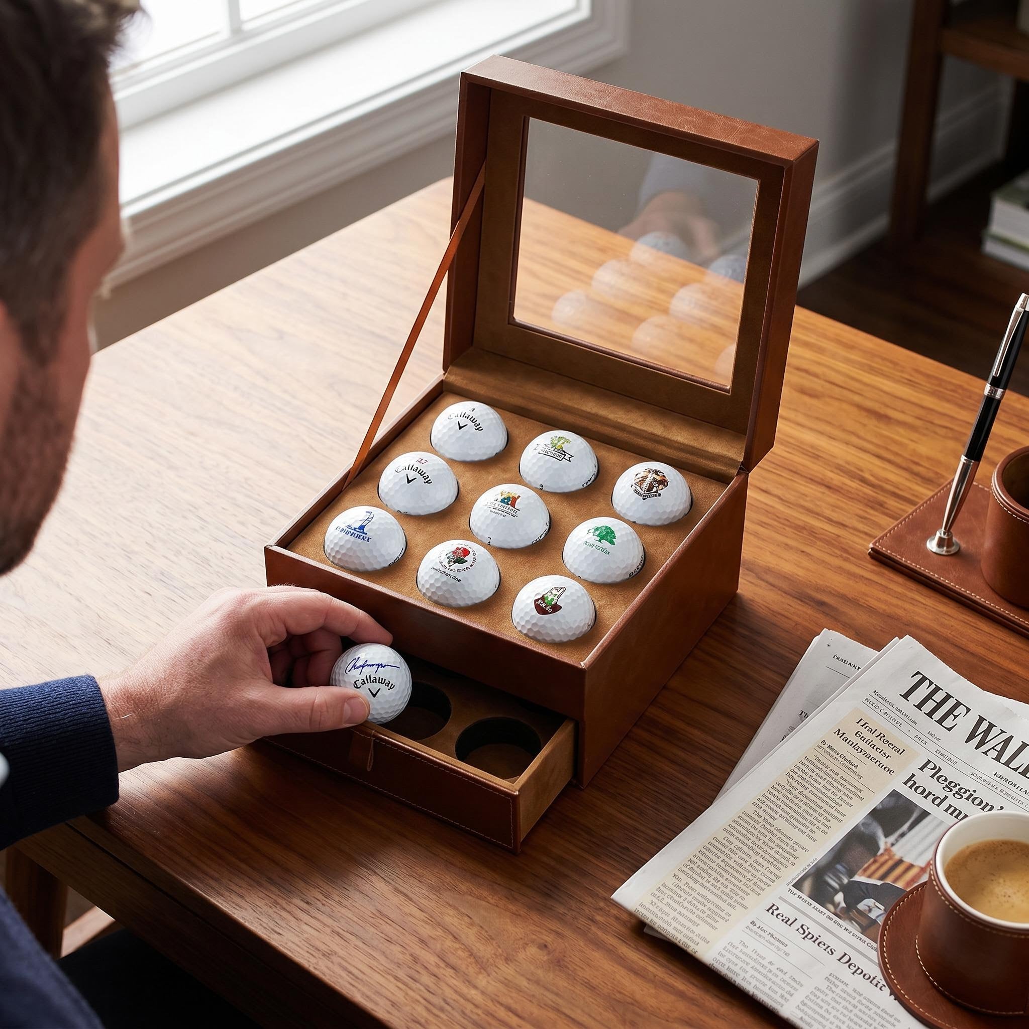 Person placing a collectible golf ball into the display case with a pull out drawer