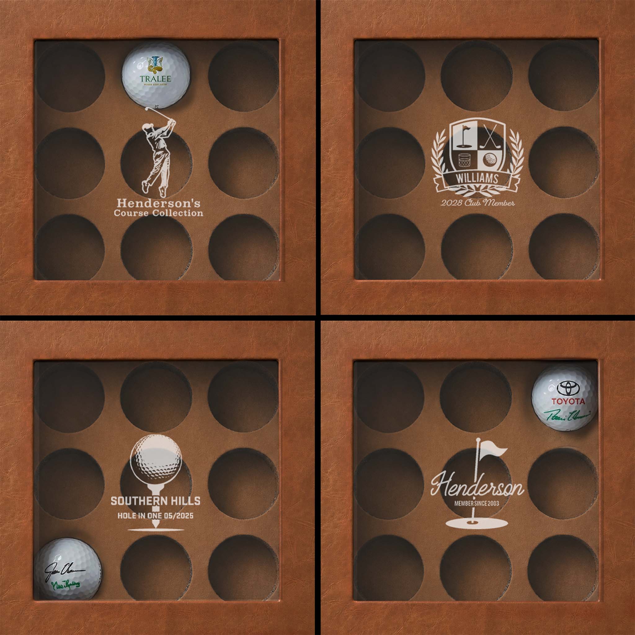 Four personalized golf ball display case designs