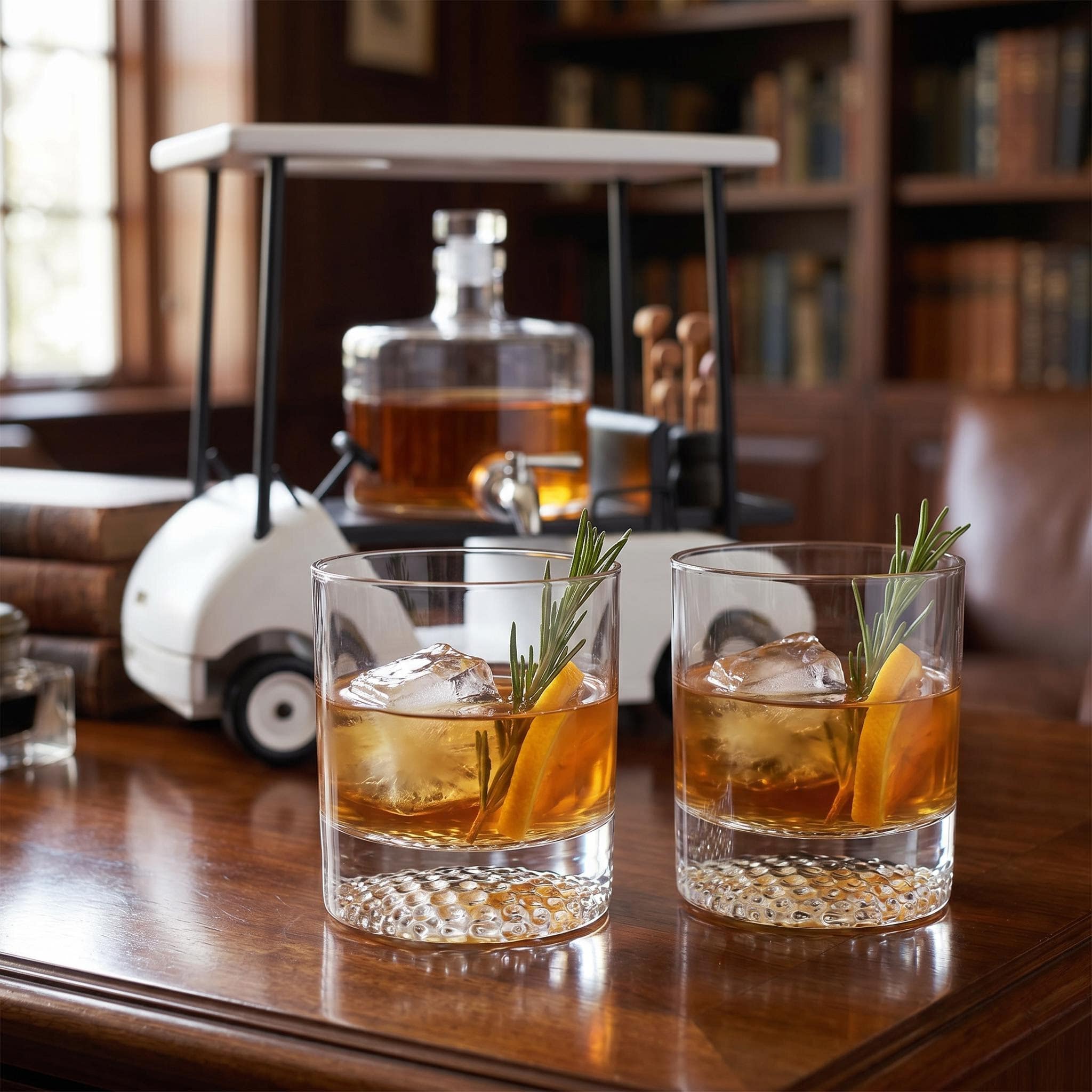 Two whiskey cocktails with ice cubes served beside a golf cart decanter set