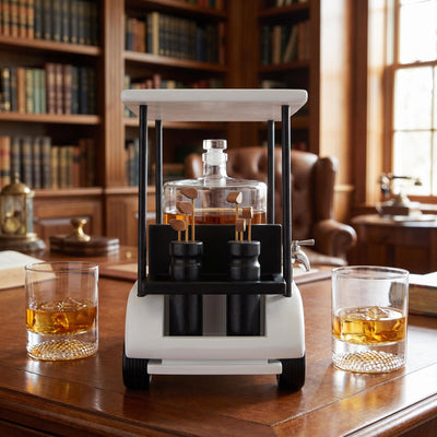 Golf cart whiskey decanter set displayed in a home library