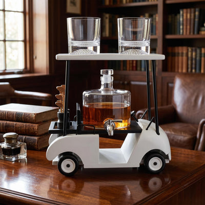 Golf cart whiskey decanter set with two matching golf base glasses