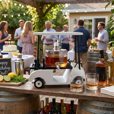Golf themed decanter set arranged on a table during a backyard celebration
