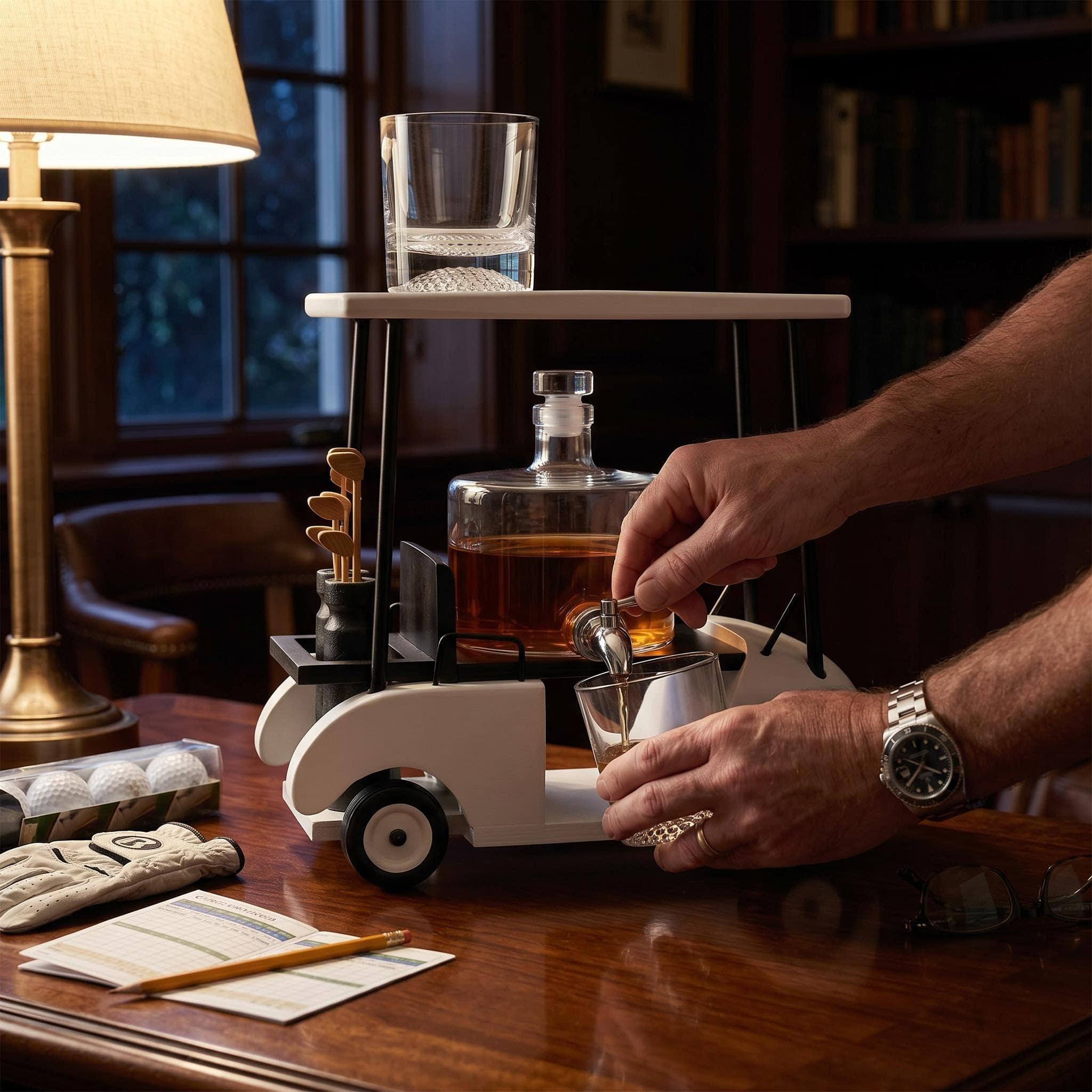 Man pouring whiskey from a golf cart decanter into a golf glass