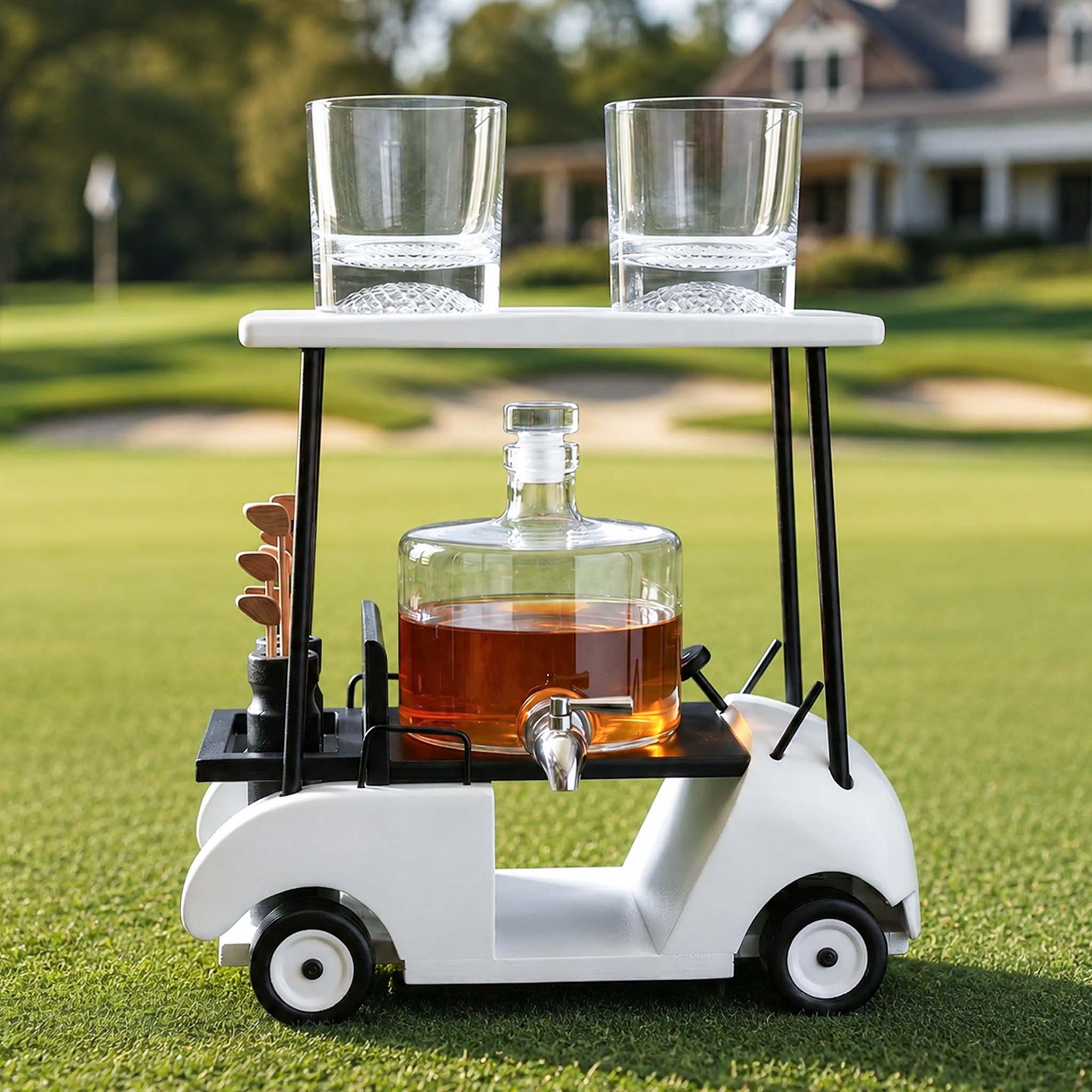 Back Nine Golf Cart Whiskey Decanter Dispenser Set w/ Golf Ball Bottom Glasses