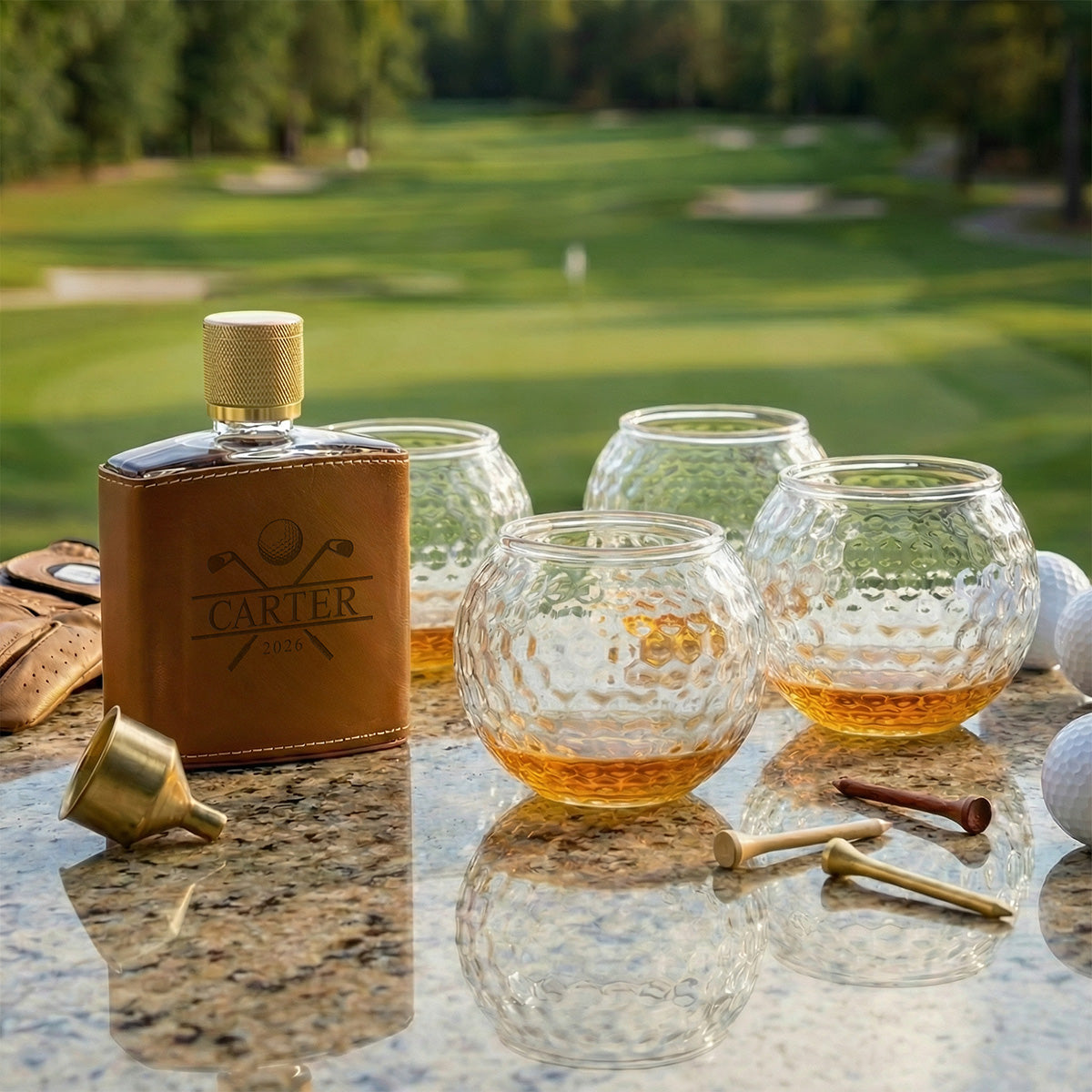 Crawford Leather Whiskey Flask - Golf Ball Glasses