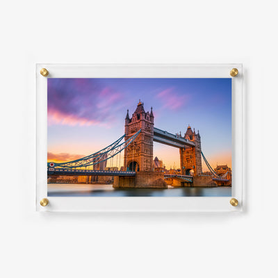Scenic acrylic wall art of Tower Bridge glowing during sunset over the Thames