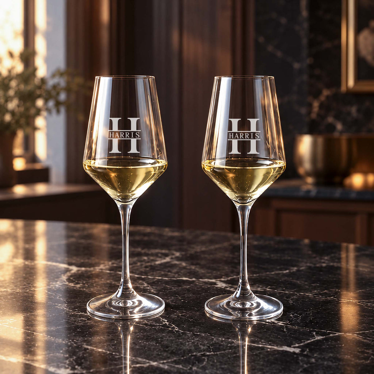 engraved white wine glass set with Harris initials