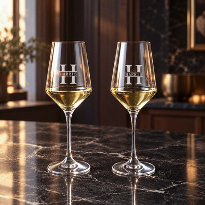 engraved white wine glass set with Harris initials