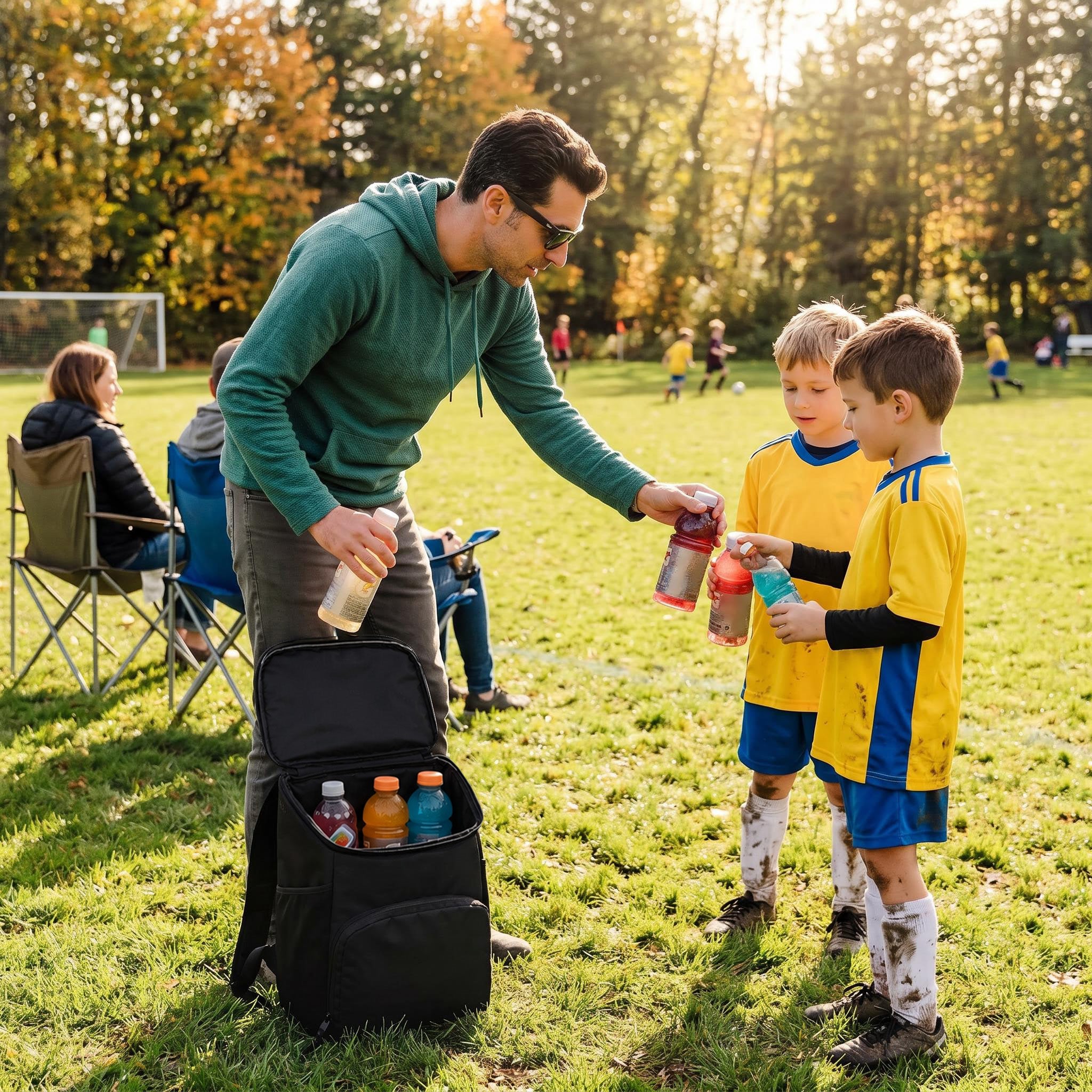 Backpack cooler filled with drinks for kids at an outdoor soccer game