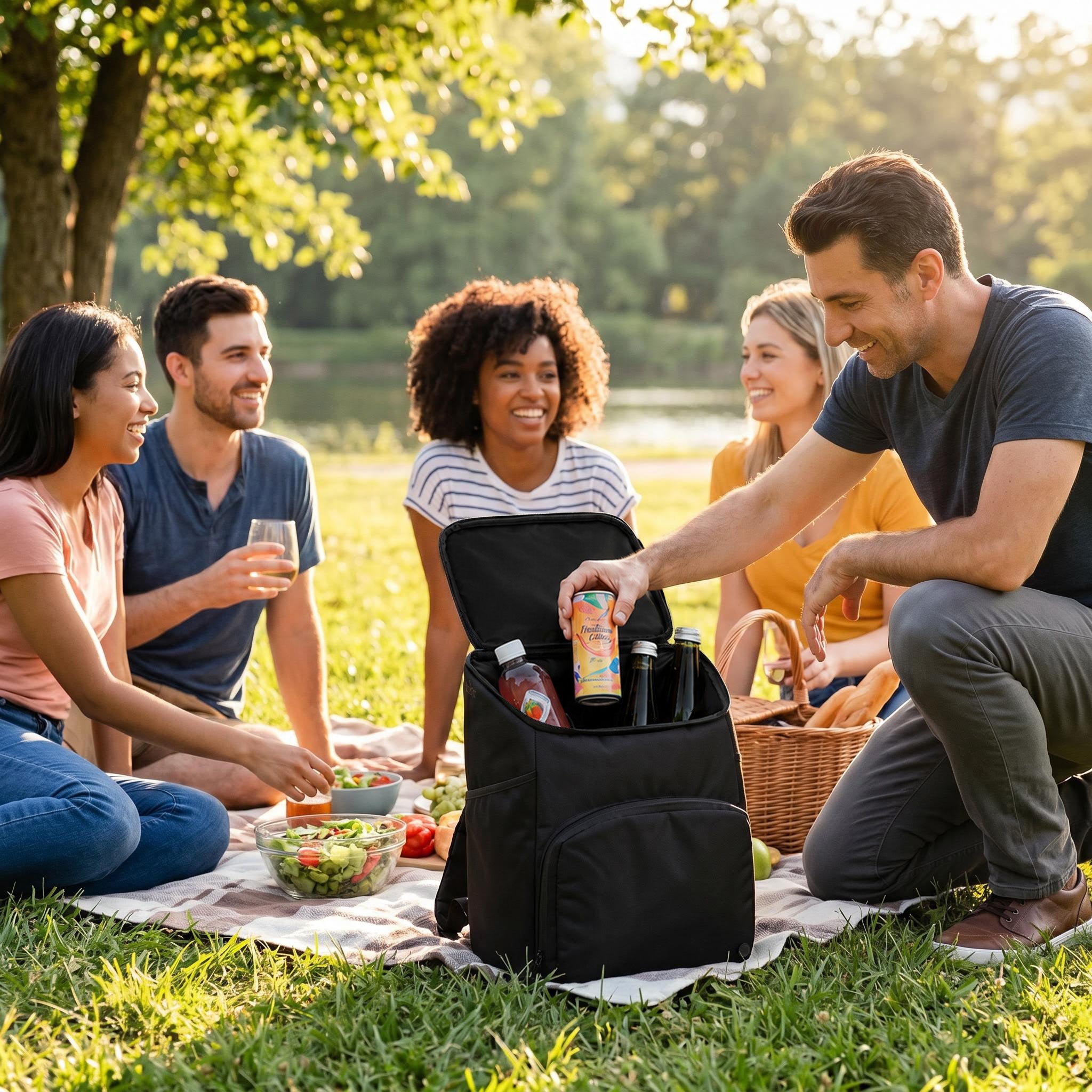 Backpack cooler filled with drinks at a picnic in the park with friends