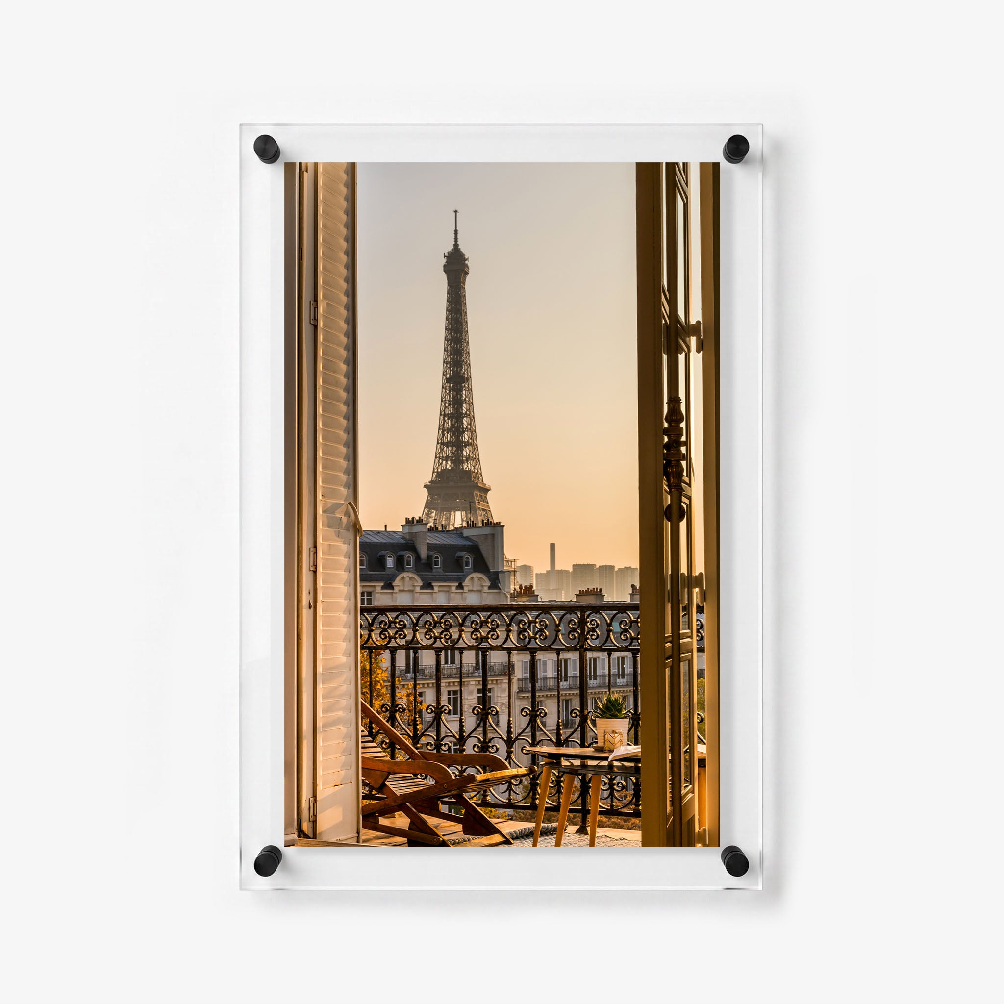 Vertical acrylic wall art showing a peaceful Paris apartment view at golden hour