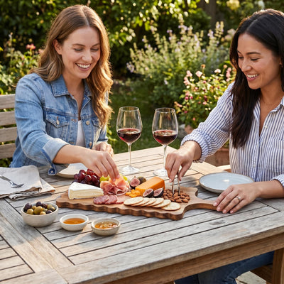 Two women sharing a scalloped cutting charcuterie board outdoors