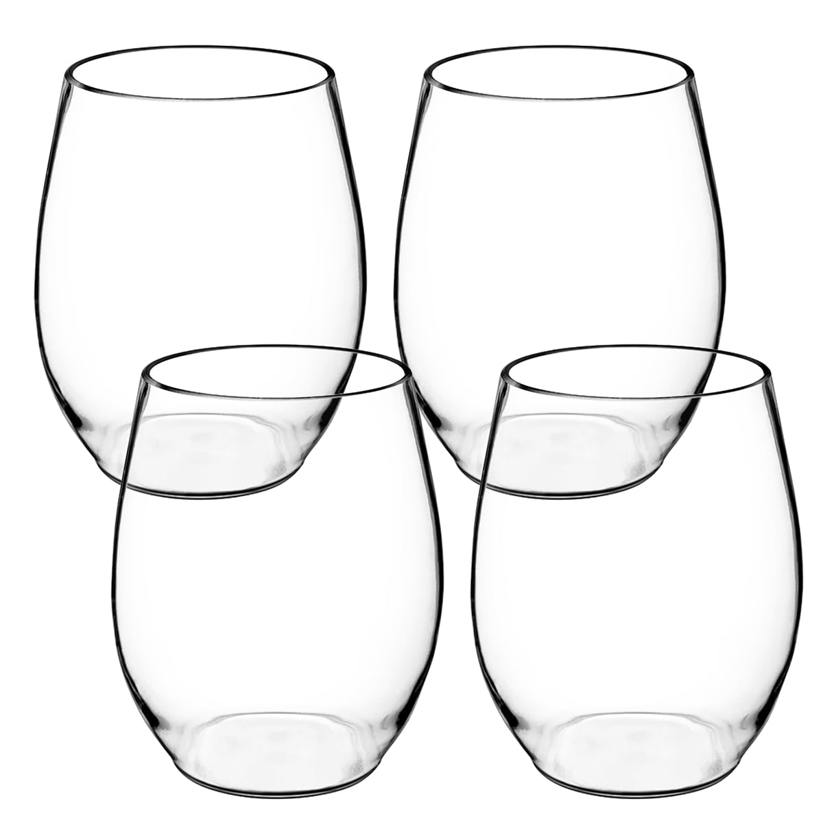 4 stemless wine glasses featuring their clear glass design.
