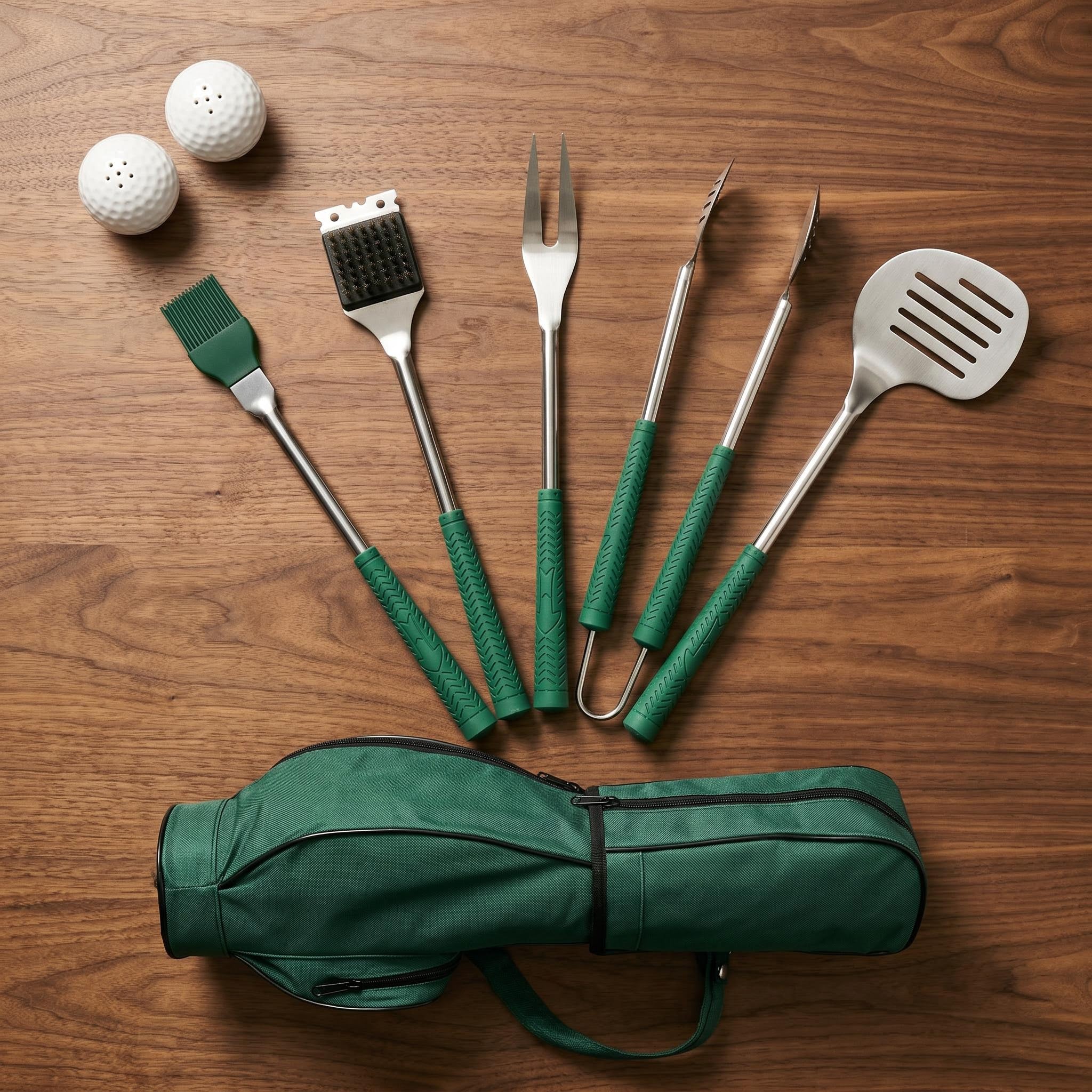 Golf-themed BBQ tool set with green carrying bag case
