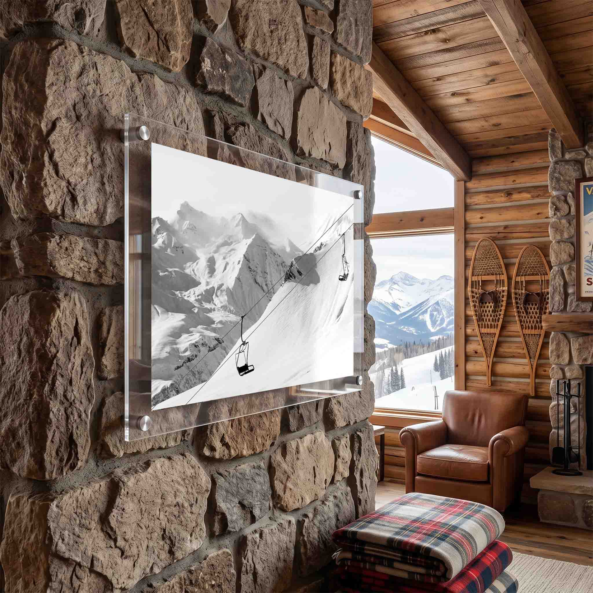Snowy mountain acrylic wall art displayed in a cabin