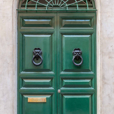 Vintage green double door with black metal ring knockers