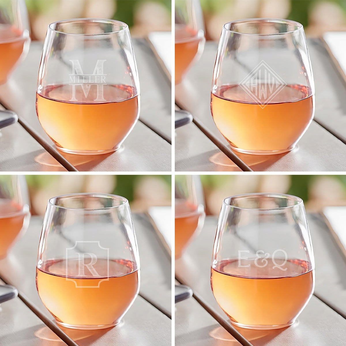 4 Tritan stemless wine glasses, each featuring engraved classic initial designs.