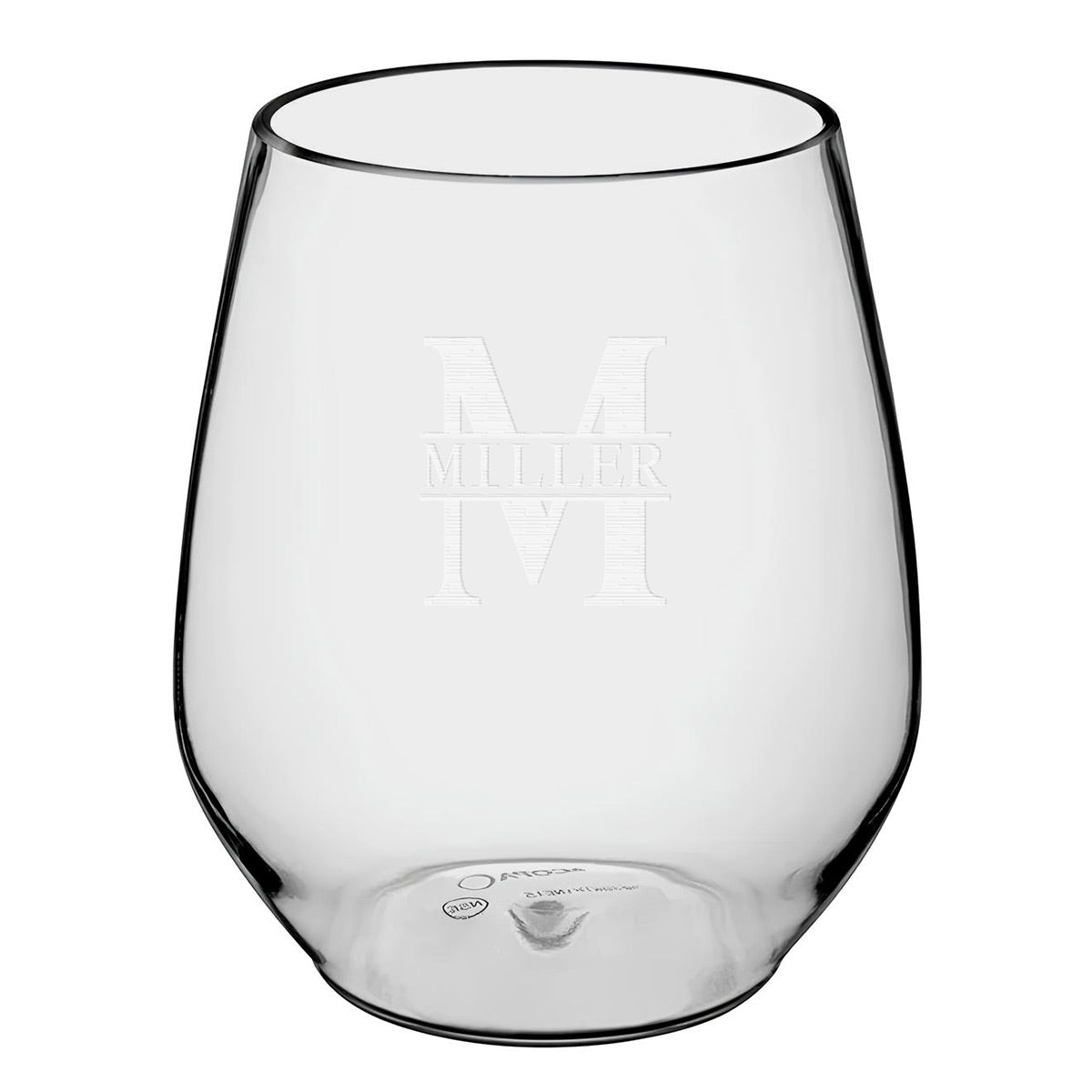 Stemless wine glass with engraved initial and name, featuring its clear glass look.
