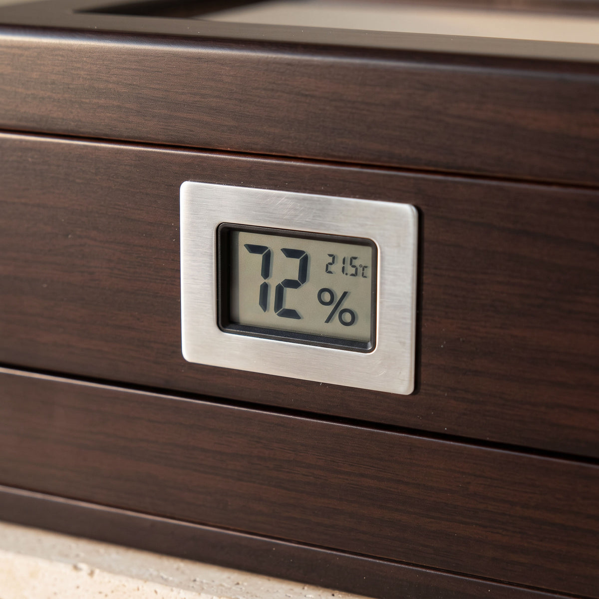 close-up of digital hygrometer on Aurelio cigar humidor box