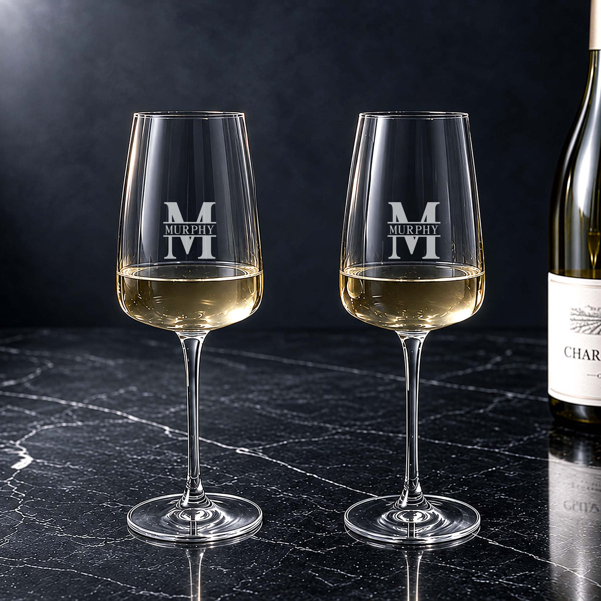 personalized Montclair white wine glasses with engraved monogram