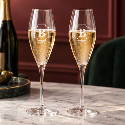 engraved Vintelle champagne flute set with Boyd monogram