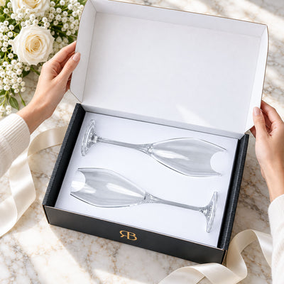 set of two Vintelle champagne flutes in an open gift box