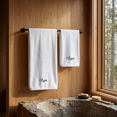 Personalized white Rivera bath and hand towel set with green Aspen embroidery