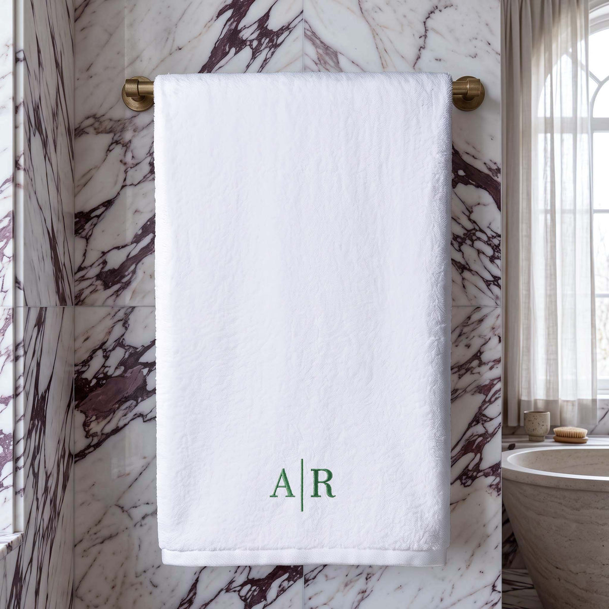 Personalized white Turkish cotton bath towel with green A and R embroidered initials