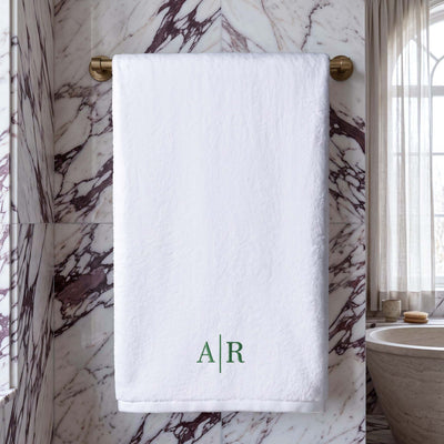 Personalized white Turkish cotton bath towel with green A and R embroidered initials