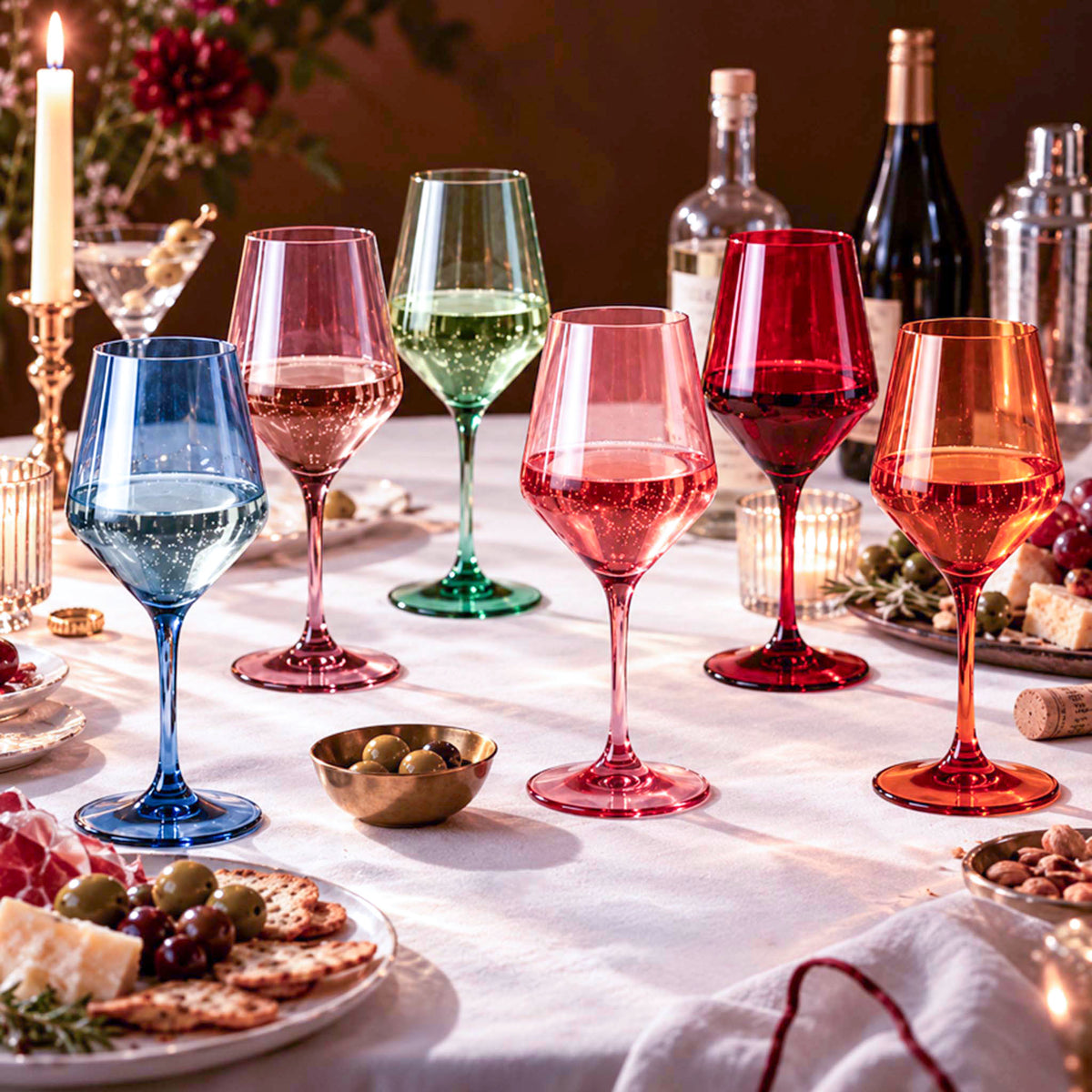 colorful wine glasses arranged for elegant dinner party