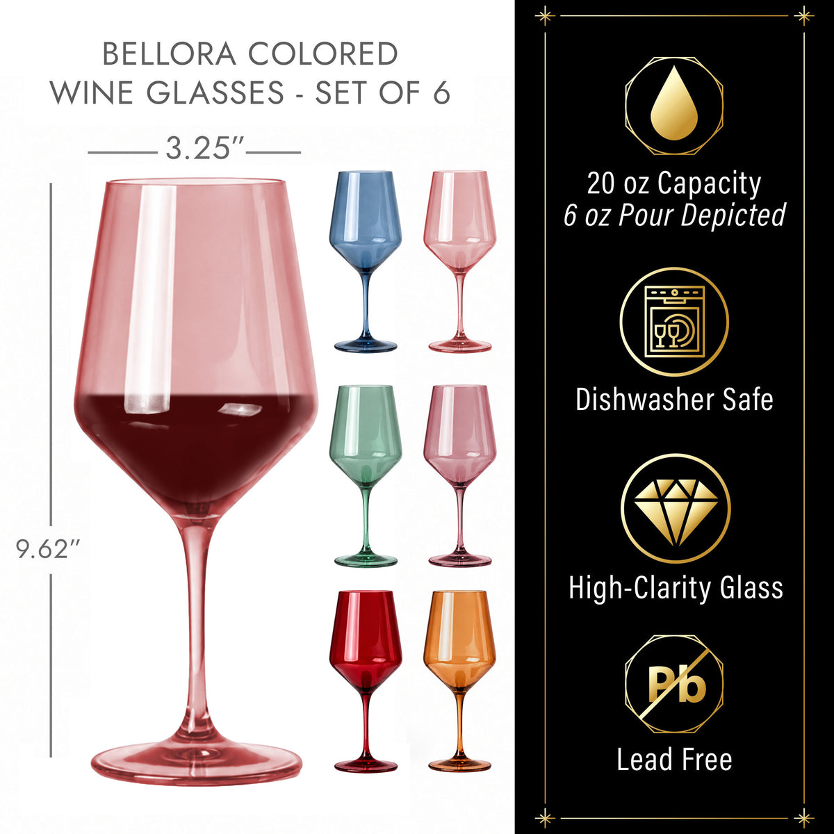 bellora 20 oz colored wine glasses dimensions and features
