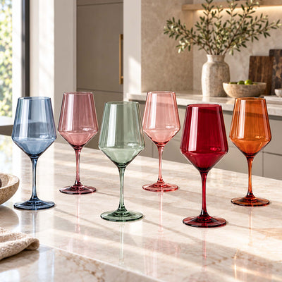 bellora colored wine glasses set of 6 on kitchen counter
