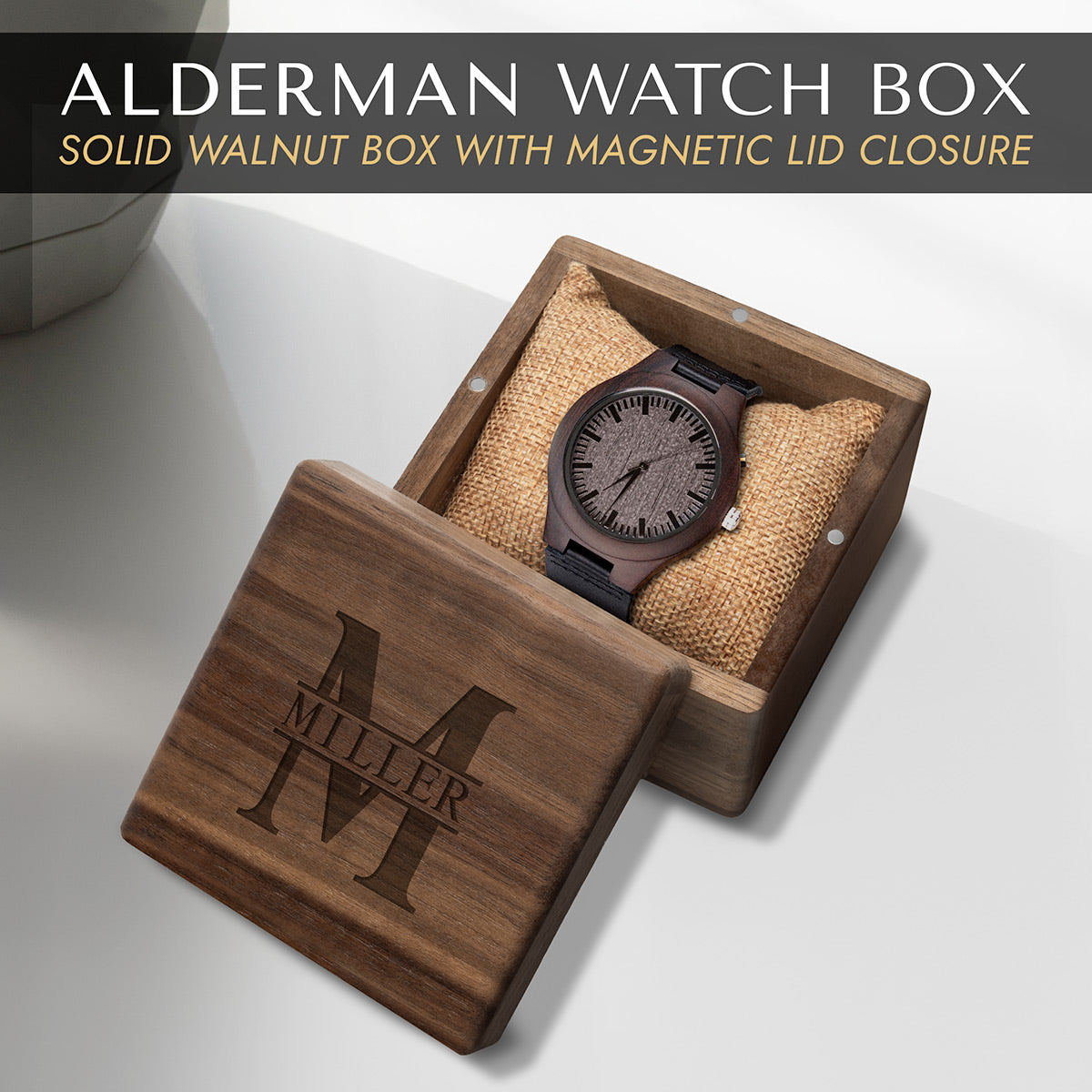 Watch Box with Personalized Wooden Watch with Brown Leather Band