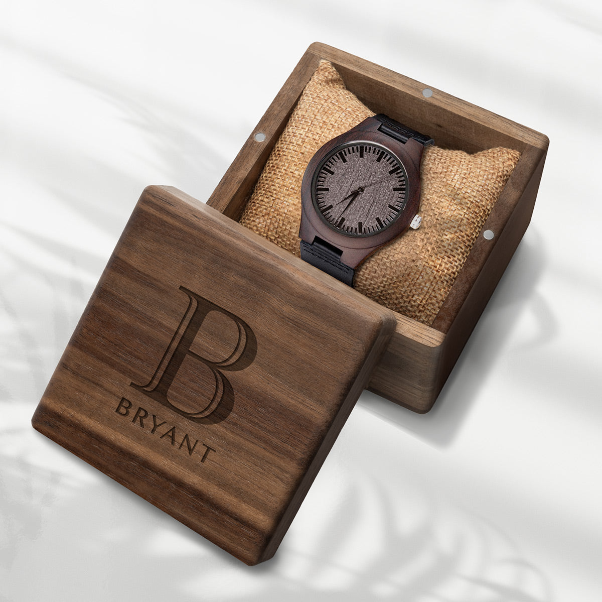 Watch Box with Personalized Wooden Watch with Brown Leather Band