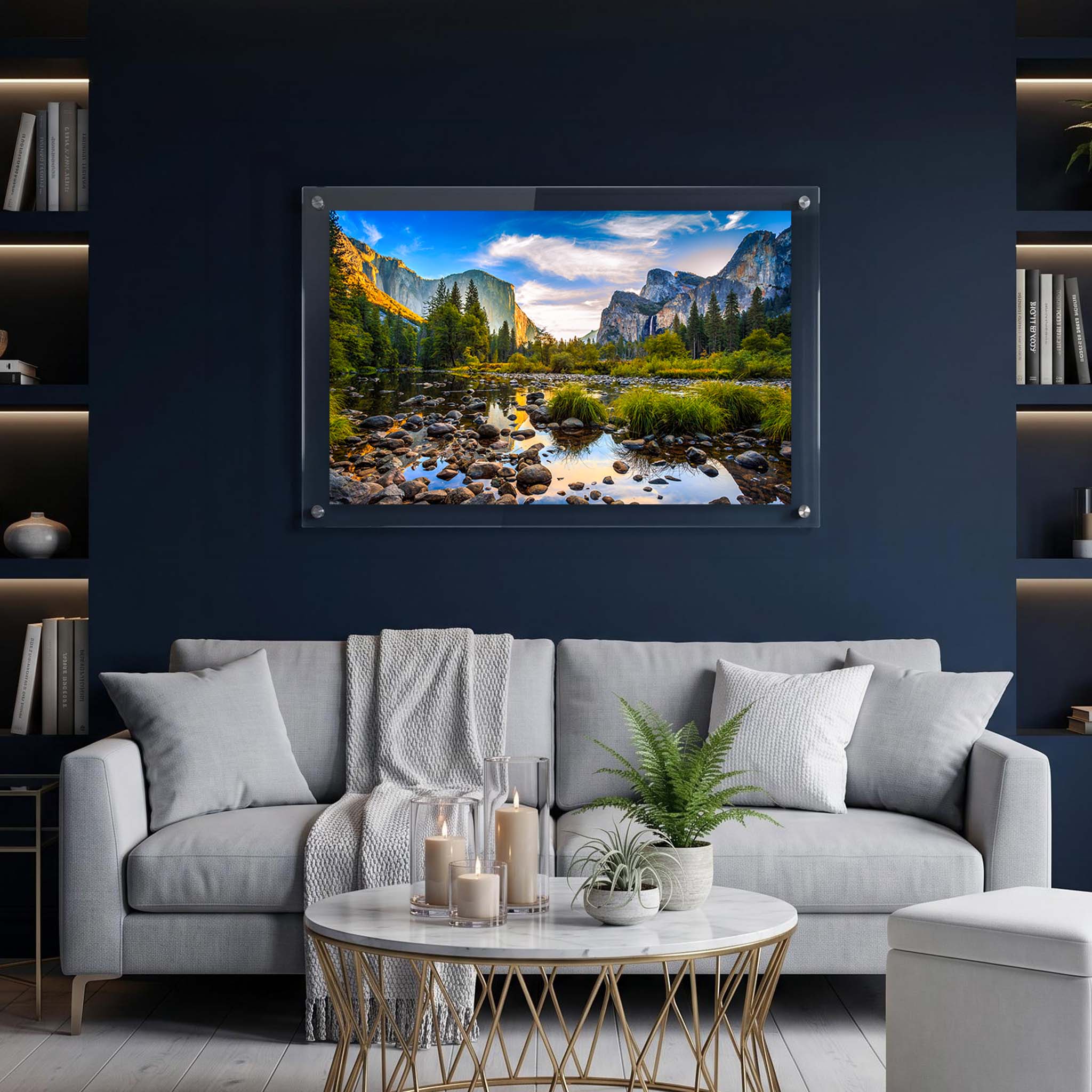 Acrylic wall art of Yosemite Valley displayed in a living room