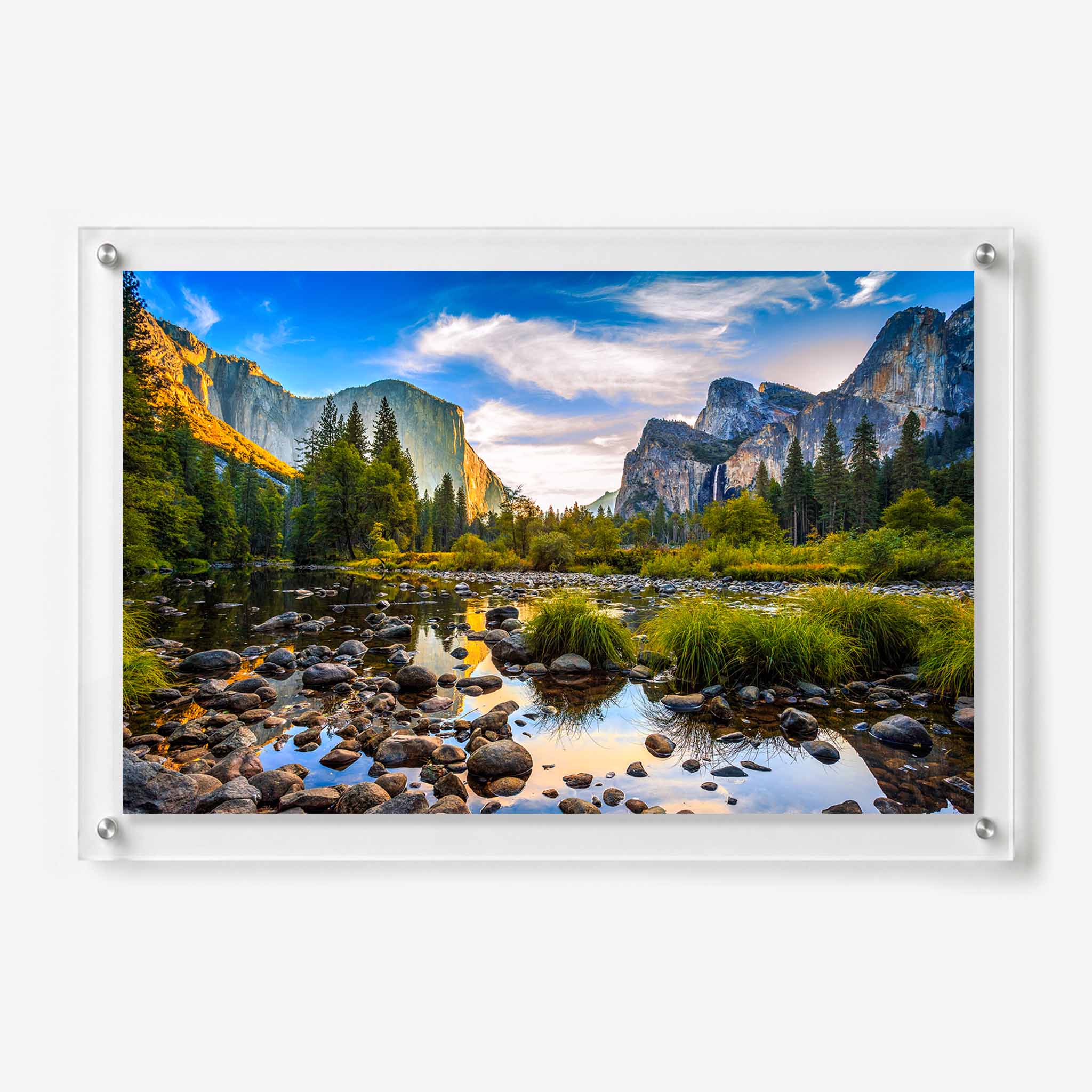 Acrylic wall art featuring Yosemite Valley with granite cliffs, pine trees, and a rocky river