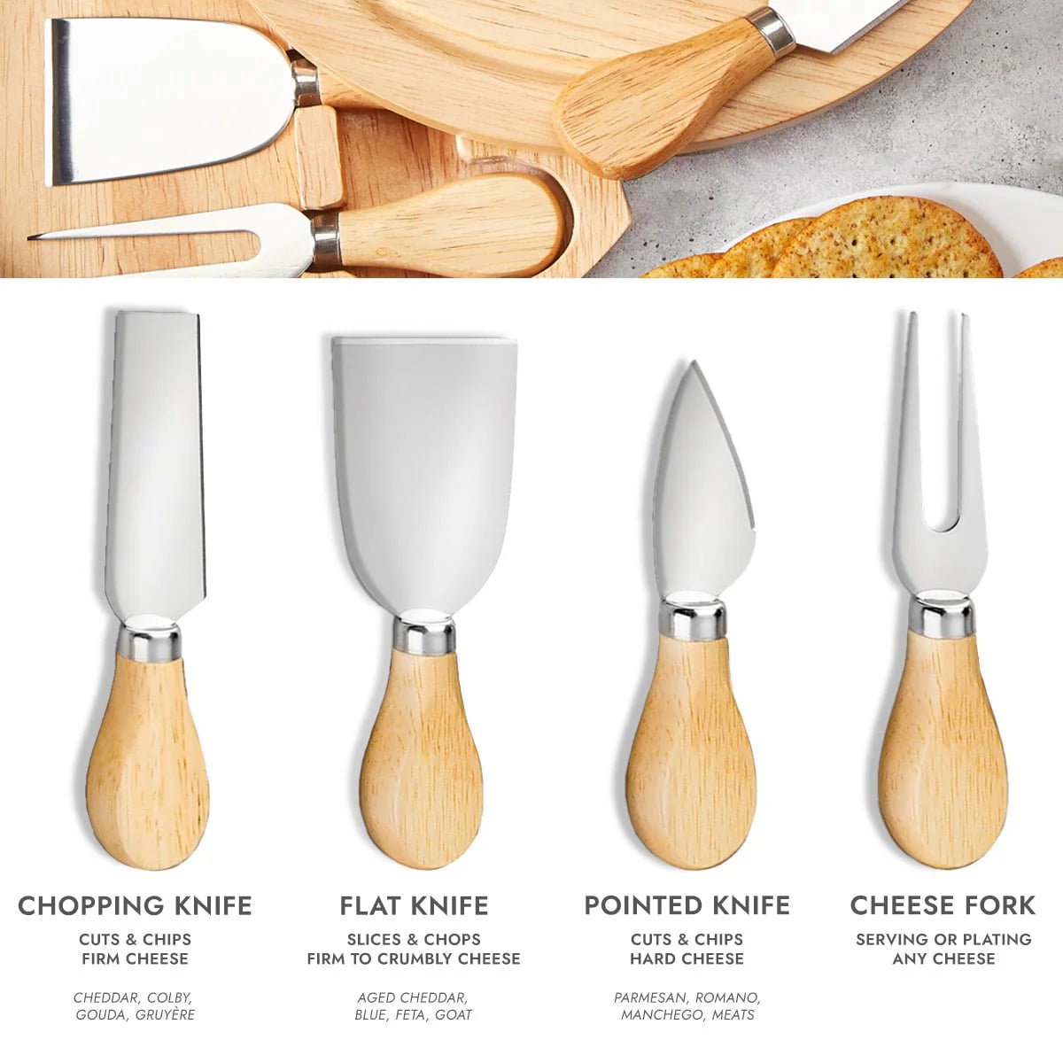 Acacia Wood Cheese Knives - 4pc Cheese Knife Set - Add - On