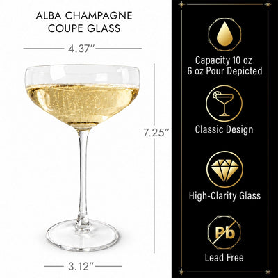 alba champagne coupe glass dimensions and 10 oz capacity