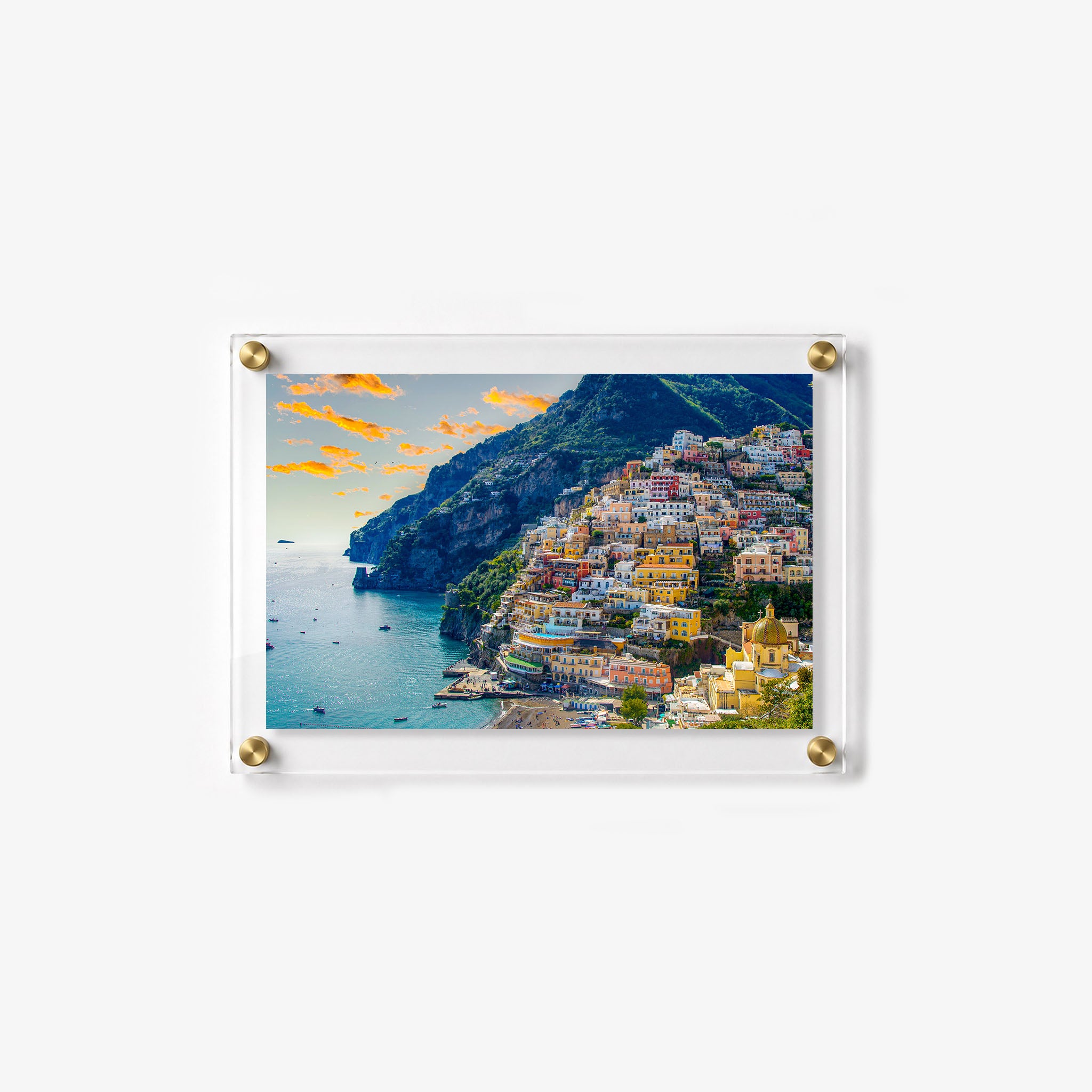 Horizontal acrylic print featuring Positano, a golden church dome, and the sparkling Mediterranean Sea