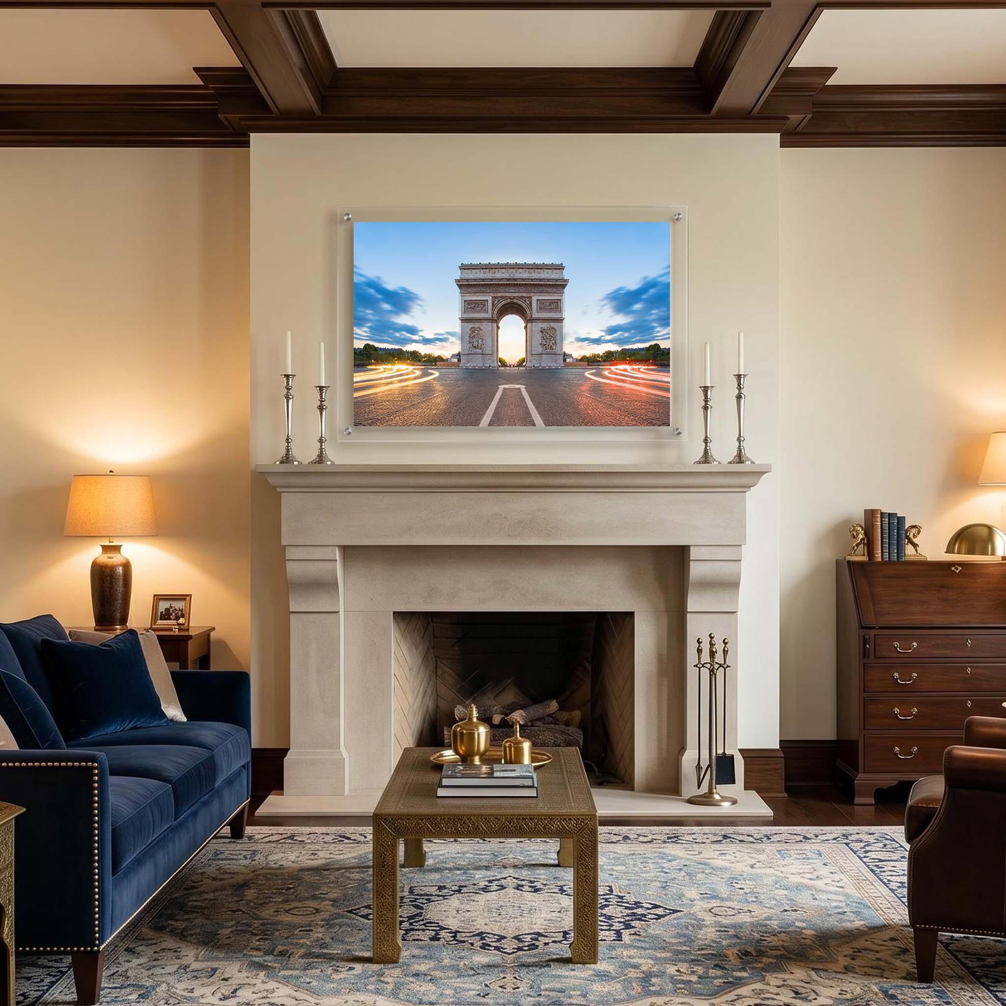 Acrylic wall art featuring the Arc de Triomphe displayed above a fireplace