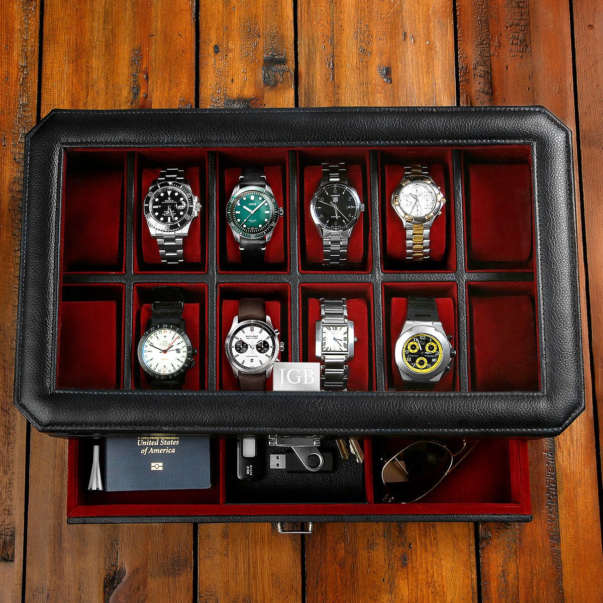Ashbury 12 Watch Display Case, Black Leather with Valet Drawer