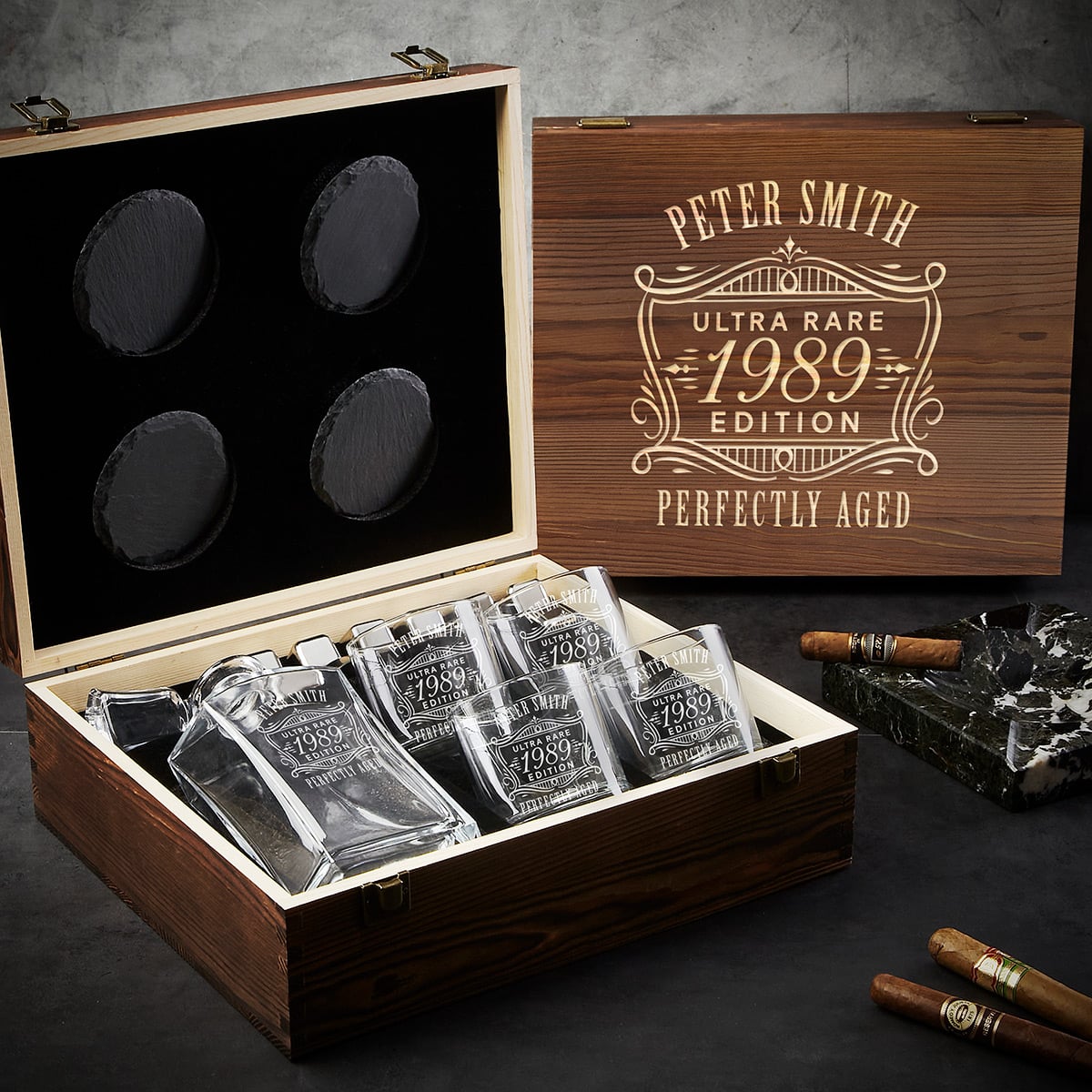 Ashcroft Custom Whiskey Gifts for Men 12pc with Personalized Decanter Set and Whiskey Stones