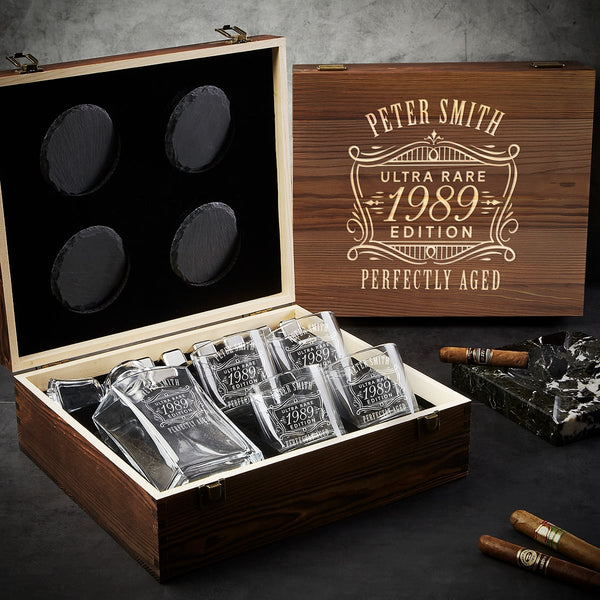 Ashcroft Custom Whiskey Gifts for Men 12pc with Personalized Decanter Set and Whiskey Stones