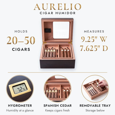 Aurelio Cigar Humidor Box w/ Digital Hygrometer & Cigar Cutter Gift Set